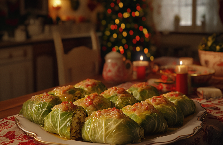 Traditional Bulgarian Christmas Eve dish - stuffed cabbage with rice